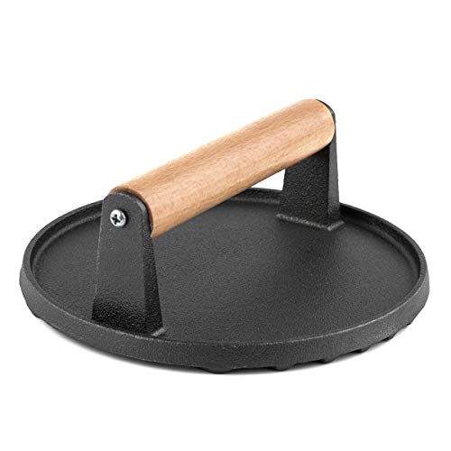 waykea Cast Iron Bacon Press for Grilling BBQ Heavy Duty Round Steak Weight Burger Grill Press with Wooden Handle, 7 inch