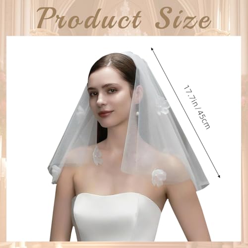 Floral Veil Short Bachelorette Party 3D Flower Wedding Veils for Brides, 2 Layers White Tulle Pearl Veil with Clip Elegant Bridal Accessories for Women and Girls3