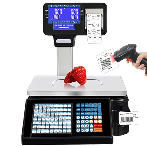 Digital Price Computing Scale with Thermal Printer, Commercial Display for Food & Meat, 30kg/66lbs Capacity, Electronics Barcode Printing Machine for Deli & Fruit Markets-Machine+CashBox