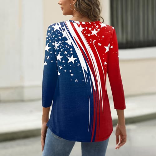 Image of 4th of July Shirts Women 3 /4 Length Sleeve Womens Tops Henley Neck Casual Patriotic T Shirts