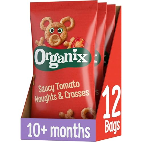 Organix Saucy Tomato Noughts & Crosses, Organic Toddler Snack, Corn Puffs, 10+ Months, Multipack, 4 x 15 g Bags Per Pack (3 Packs Total)