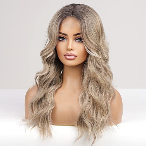 HAIRCUBE Long Ombre Ash Blonde with Highlight Lace Front Wigs for Women,Lace Wigs Natural Wavy Middle Parting Synthetic Wigs