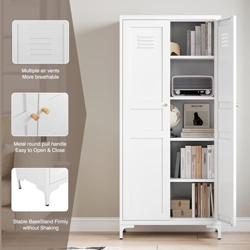 Image of Yizosh Metal Storage Cabinet with 2 Doors and 4 Adjustable Shelves - 61 inch White Kitchen Pantry Storage 5-Tier Tall Steel Cabinets Locker for Kitchen, Living Room, Dining Room