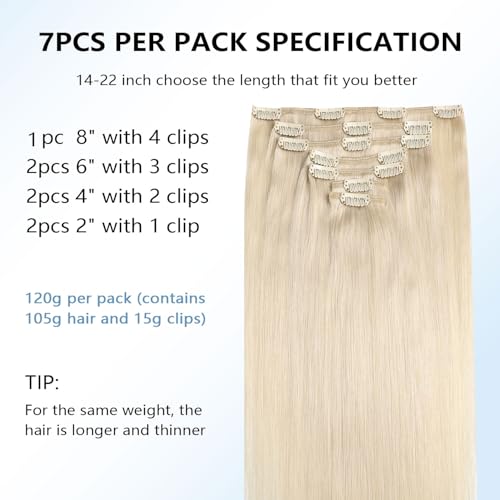 Image of COOKAYU Real Human Hair Clip in Hair Extensions, Remy Hair Clip in Hair Extensions, Platinum Blonde Hair Thick Silky Straight Real Human Hair, 14inch 120g 7Pcs