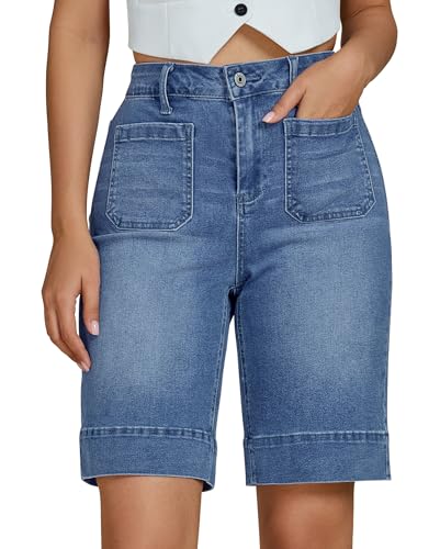 Vetinee High Waist Shorts Damen Kurze Hose Damen Knielang Mittelblau Größe M Passt für EU 38-40