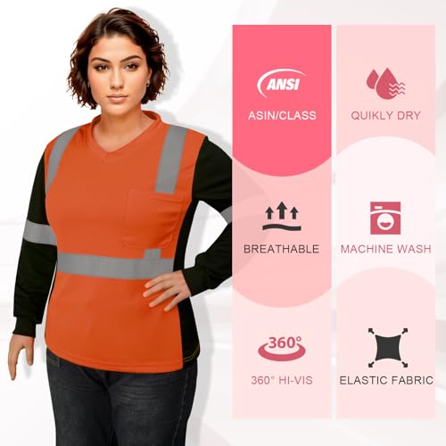 TCCFCCT Hi Vis Shirts for Women Class 2 Safety Shirt for Women Construction Work with Long Sleeves, Hi Vis Shirts for Women Driver and Night Running, Night Working,WP-Orange-LX XXL by TCCFCCT - Used condition - Image 3