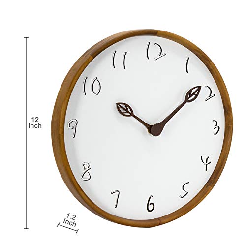 Aromustime 12 Inches Round Wood Wall Clock With Hollow Arabic Numerals, Whisper Quiet, Wood Leaf Pointer&No Glass Cover, For Office Kitchen Bedroom Classroom&Living Room, Brown #TOP5