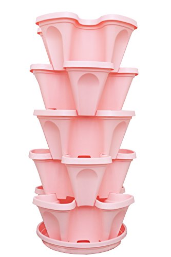 5-Tier Pink Strawberry And Herb Garden Planter - Stackable Gardening Pots With 10 Inch Saucer #TOP1