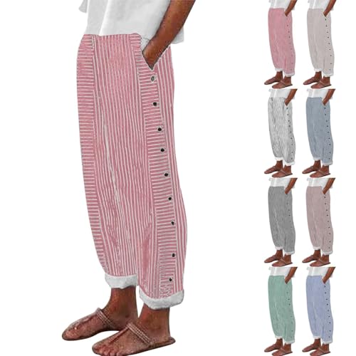 Tatumaie Striped Cotton Linen Pants Women Plus Size High Waist Pants with Decorative Side Buttons Lightweight Breathable 2026 Summer Loose Beach & Daily Trousers with Pockets Red