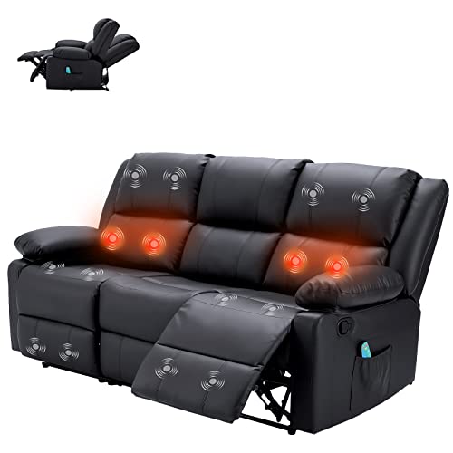 YODOLLA Recliner Sofa with Heat and Massage Function, Wall-Hugger Reclining Sofa 3-Seater Modern Manual Control Faux Leather RV Couch, Theater Lounge Seat with Side Pockets, Black