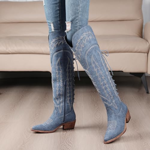 Image of GLOBALWIN Women's Cowboy Western Fashion Over The Knee Thigh High Cowgirl Boots Low Heel