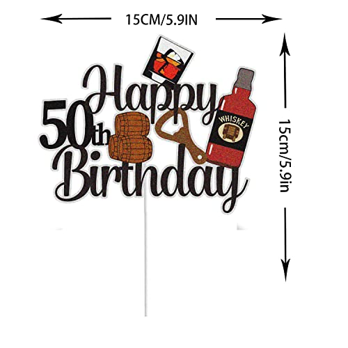 Keweya Whiskey Happy 50Th Birthday Cake Topper Black Glitter 50 Years Old Beers Wine Glass Cake Decor Celebrating Fifty Aged To Perfection Fiftieth Birthday Party Decoration Supplies For Men Women #TOP1