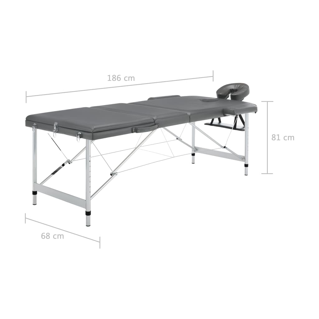 vidaXL Camilla Masaje de 3 Zonas Estructura Aluminio Antracita 186x68cm Salud Accesorios Salón Masajista Cuidado Personal Altura Ajustable Cómoda