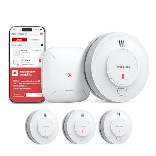X-Sense Smart WLAN-Rauchmelder Feuermelder mit 10-Jahres-Batterie und SBS50 Basisstation TÜV Rheinland Zertifiziert photoelektrischer vernetzbarer Funk-Brandmelder SD19-MN31 3 Stück