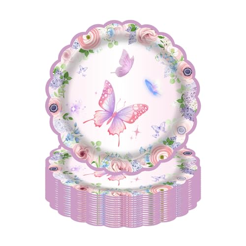 LDFDRT 50 Pack Butterfly Paper Plates 7 Inch - Floral & Butterfly Disposable Plates for Birthday Party Decorations Girls Birthday Party Supplies & Spring Celebrations