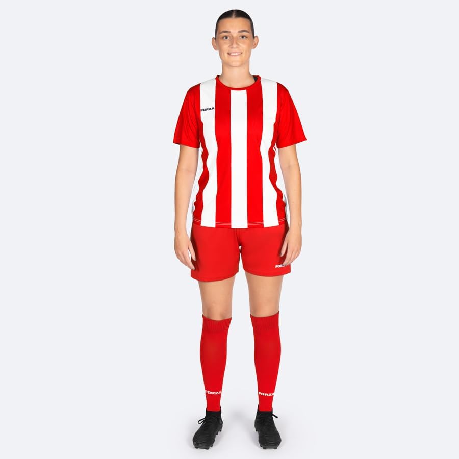 FORZA Women's Striped Short Sleeve Soccer Uniform – Comfortable, Quick-Dry Kit for Players (Red & White, X Large)
