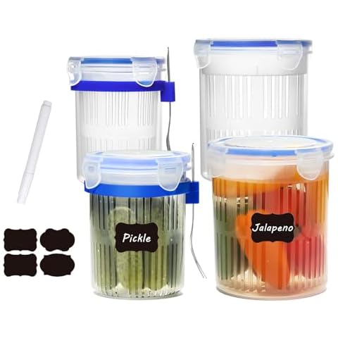 Qiuhome Pickle Jar with Strainer, Pickle Container with Strainer Jalapeno Container Pickle Storage Containers 4 Pack (24 oz & 45 oz) Cover