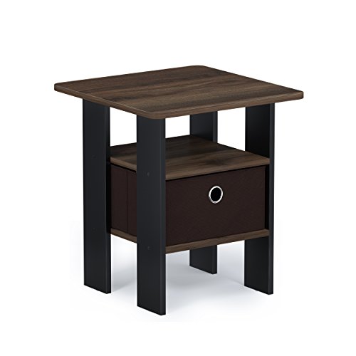 Image of Furinno ANDREY Square Side Table, End Table, Night Stand, Columbia Walnut | Open Shelves and Storage Bin, Bedside Table, for Living Room, Bedroom
