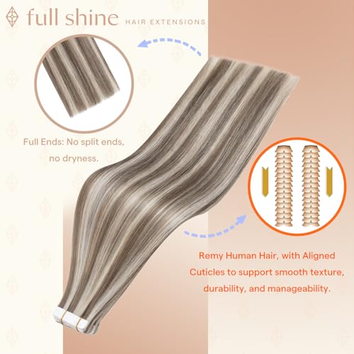 Image of Full Shine Tape Ins Human Hair Extensions, Mushroom Blonde Mix 20 Inch | 50g 20PCS, Seamless Skin Weft Human Hair Tape in Extensions, Invisible Soft Finish Add Length Natural Volume Look