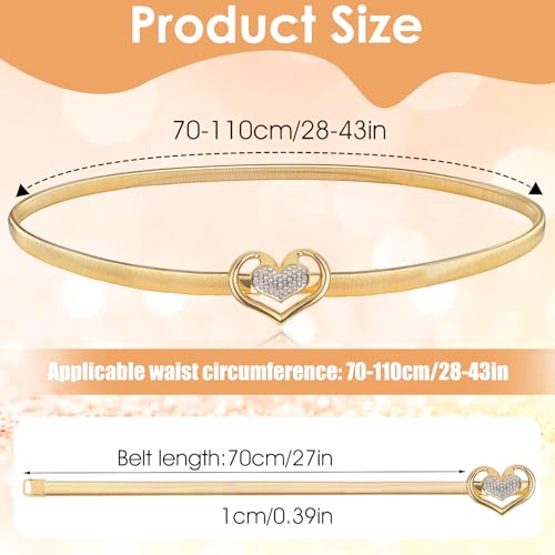 Women Skinny Metal Waist Belt, Elastic Heart Shaped Rhinestone Chain Belt Crystal Rope Belt for Dress4