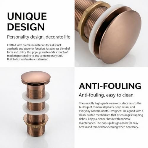 Image of BASSINO Premium 6 Inch Brass Waste Coupling /Washbasin Drainer /Rust-Proof Pop-Up for Basin /Drain Stopper for Tabletop, Wall-Mount & Pedestal Wash Basins(Brushed-Rose Gold)