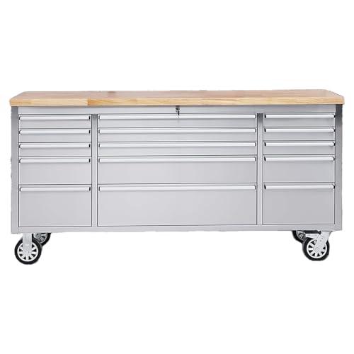72-Inch Professional Tool Chest - 15-Drawer Locking Cabinet on Wheels, 100lbs/Drawer Slide, Stainless Steel Garage Storage (Silvery, Short Standard Style)