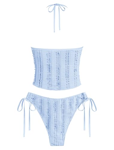 ZAFUL Tankini Swimsuits for Women Smocked Ruffles Tie Front Bowknot Textured High Cut Tanga Tankini Set2