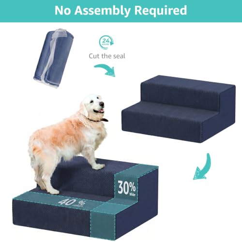 Image of YENING Large Dog Stairs for High Beds - Extra Wide Pet Steps for Large Dogs to Get on Tall Bed 3 Deep Step Cat Ramp for Couch 2 Steps Navy Blue