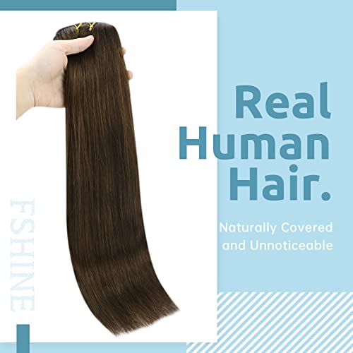 Fshine Clip in Hair Extensions Human Hair Darkest Brown Fading to Light Brown Highlight Darkest Brown Double Weft Real Human Hair Clip in Extensions 14 Inch 7pcs/120g Hair Extensions Clips - Image 2