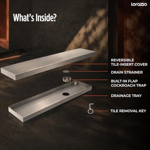 Image of Lorazzo Linea Tile-Insert SS304 Shower Drain Channel 12x4 Inch | Built-in Cockroach Trap | Stainless Steel Floor Drain | Silver Finish | Bathroom Shower Drain | 10 Year Warranty