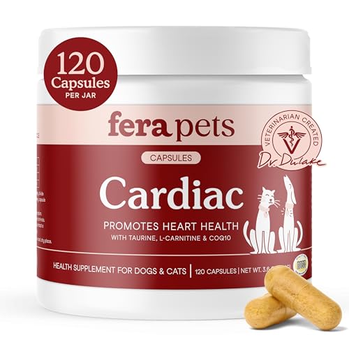Fera Pets Cardiac Support - Cat & Dog Heart Supplement with Taurine, L-Carnitine, & CoQ10 - Promotes Normal Circulation and Heartbeat - 120 Capsules