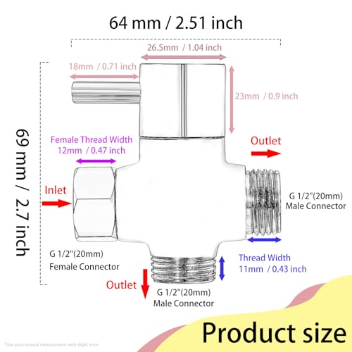 3 wege umschaltventil 1/2 zoll, 20mm Umschaltventil Dusche G 1/2, Umstellventile Ventil Umschalter Massives Messing Brause Dreiwegeventile Adapter Umstellventil Duschsystem Ersatzteil, Chrom Poliert