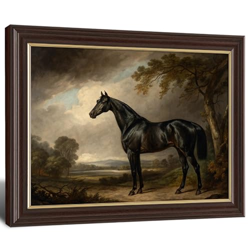 Image of Framed Vintage Black Horse Canvas Wall Art, Antique Equestrian Oil Painting Canvas Prints Pictures, Classic Farmhouse Wall Decor for Living Room Bedroom Office Man Cave