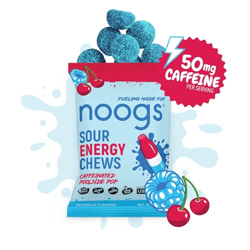 Image of Noogs Sour Energy Chews, Poolside Pop Caffeinated Electrolyte Energy Gummies, 50mg Green Tea Caffeine, Popsicle Flavored Alternative to Running Gels, Vegan & Gluten Free, 12 Pack