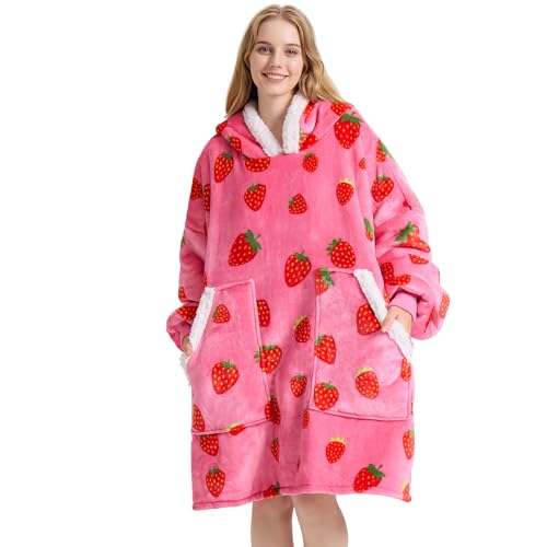Kipswiza Strawberry Wearable Blanket Hoodie - Soft Cozy Sherpa Fleece Oversized Hooded Blankets Sweatshirt Birthday Gifts for Women Girls Mom Daughter Adult
