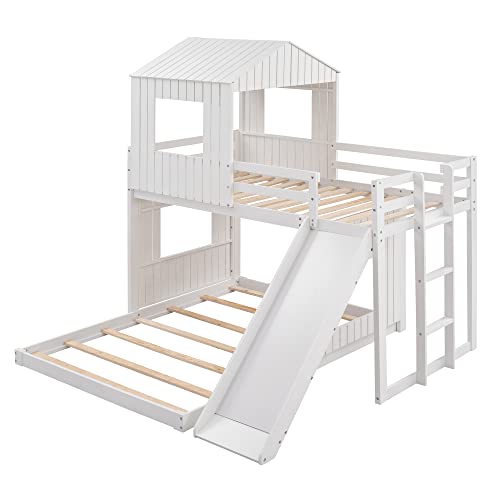 Image of Twin Over Full Bunk Bed Frames Loft Bed with Slide, House Roof, Window and Safety Guardrails for Boys or Girls, White