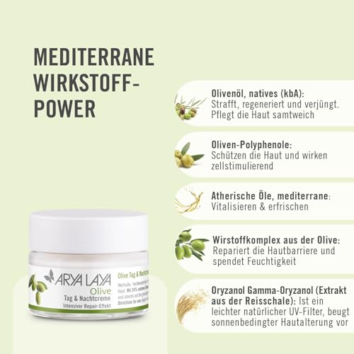 ARYA LAYA Olive Tag & Nachtpflege, 50 ml – Gesichtscreme mit intensivem Repair-Effekt, zur Belebung müder Haut, wirkt Verlust von Glätte & Spannkraft entgegen, Radikalfänger, vegan