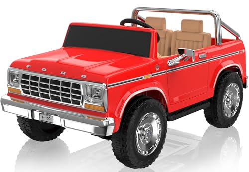 ANPABO Licensed Ford F-150 24V 2 Seater Ride on Car for Kids, 4x100W Motors for All-Terrain Electric Car w/Parental Remote, Retro Style, 3-Speeds, Large Storage Box, Music Player (Red-Orange)