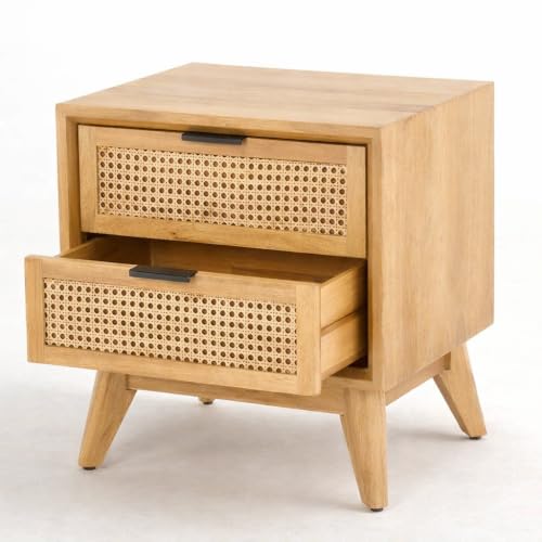 Image of Solid Wood Bedside Table with Cane Rattan Drawer Design | Modern Wooden Nightstand with 2 Storage Drawers for Bedroom & Living Room | Natural Finish