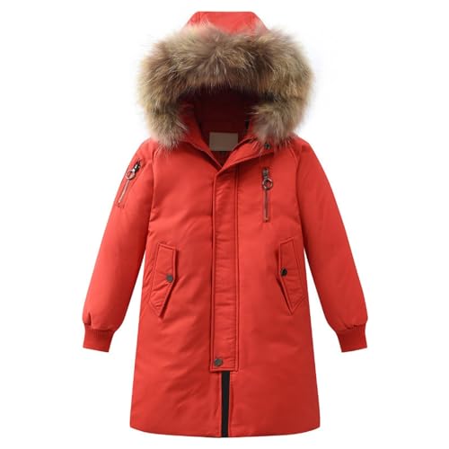 Boys Girls Long Hooded Down Jacket Kids Winter Warm Puffer Down Coat with Furry Hood Outerwear (Orange, 7-8 Years)