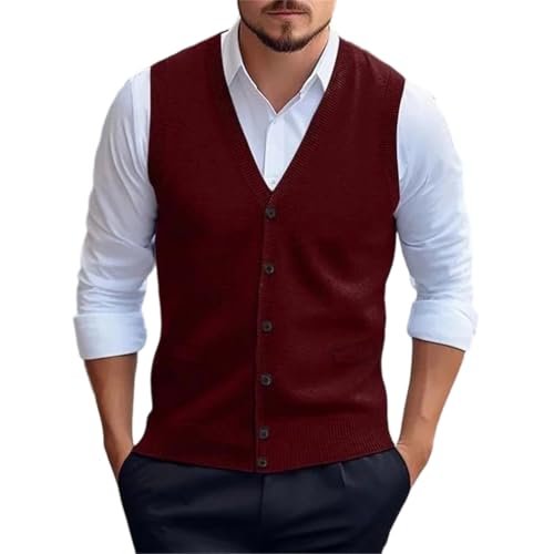 Chaqueta de punto para hombre, mezcla de lana, cuello en V, sin mangas, cálida, con botones, rojo vino, M
