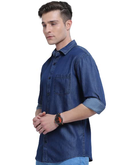 Image of Codaisy Men's Blue Single Pocket Casual Full Sleeves Regular Fit Solid Denim Shirts Available in Plus Size