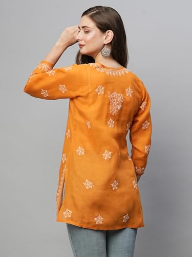 Image of Ada Hand Embroidered Lucknow Chikankari Straight Round Neck Cotton Blend Short Kurti Tunic Top for Women A911333