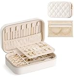 Lolalet Travel Jewelry Case for Women Girls, Travel Jewelry Organizer with Clear Storage Bag Small Portable Jewelry Box for Necklace Bracelet Earring Ring Mothers Day Birthday Gifts -Medium/Beige