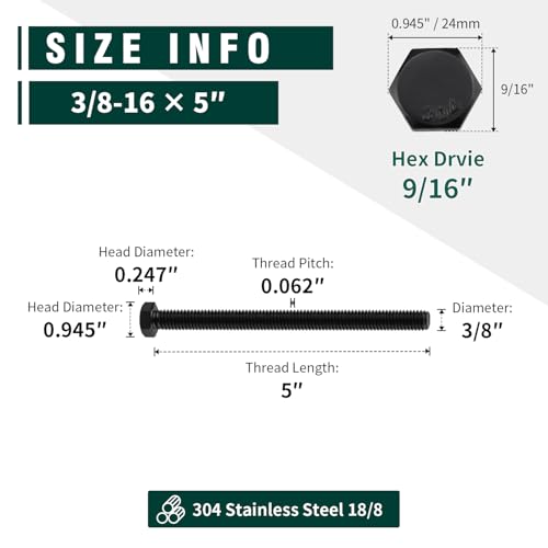 Image of 3 /8-16 x 5 Hex Head Bolts Black, 304 Stainless Steel 18-8 Hexagon Head Screws Bolts, Black Oxide Finish, Allen Hex Drive, 8 PCS