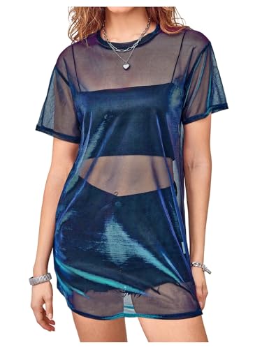 Image of Floerns Women's See Through Sheer Mesh Night Out Dress Short Sleeve Round Neck Club Short Dress