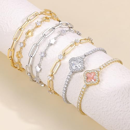 14K Gold Plated Bracelets for Women 7 Inches with 1.2 Inches Extender Paperclip Link Chain Bracelet Cubic Zirconia Jewelry Gifts Trendy for Women Men4