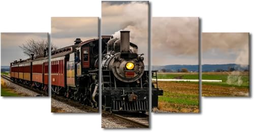 Toile de peinture train rétro en 5 pièces pour décoration murale de salon