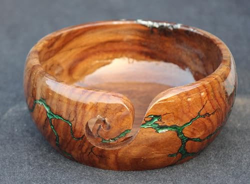Image of Handmade Wooden Yarn Bowl for Knitting Yarn Ball Holder - Lichtenberg Figure Yarn Bowl - Yarn Bowls with Holes Crochet Bowl Holder - Resin Yarn Storage Bowl 7 inch x 4 inch inches (Green & White)