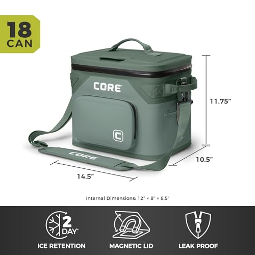 Image of CORE Magnetic Leak Proof Soft Cooler with Waterproof Zipper | Insulated Bag Portable Ice Chest Box | Best Soft Cooler for Food & Beverages for Tailgating, Car Camping, Travel, and Family Beach Picnics
